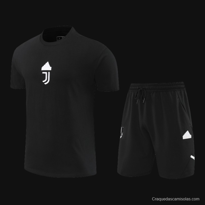 23/24 Juventus Black Cotton Short Sleeve Jersey+Shorts